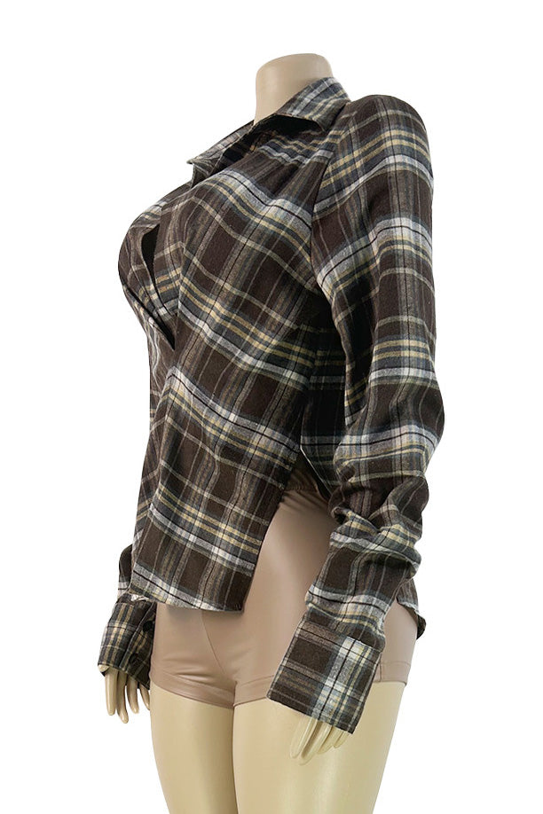Plaid V-Neck Fold-Sleeve Split Hem Top Lavish Daily