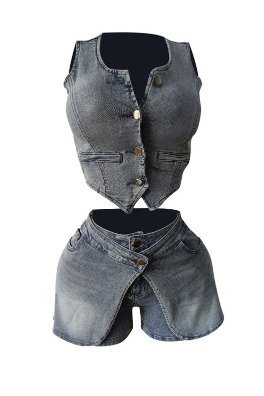 Stretch Denim Apron Shorts Set - Vest & Shorts Lavish Daily