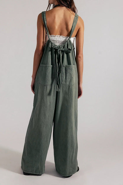 Slouchy Tie-Back Wide Leg Denim Jumpsuit Lavish Daily