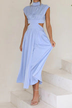 Mock Neck Cut Out Pleated Maxi Dress Lavish Daily