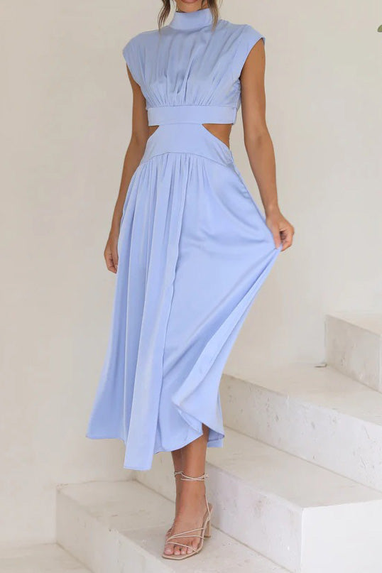 Mock Neck Cut Out Pleated Maxi Dress Lavish Daily