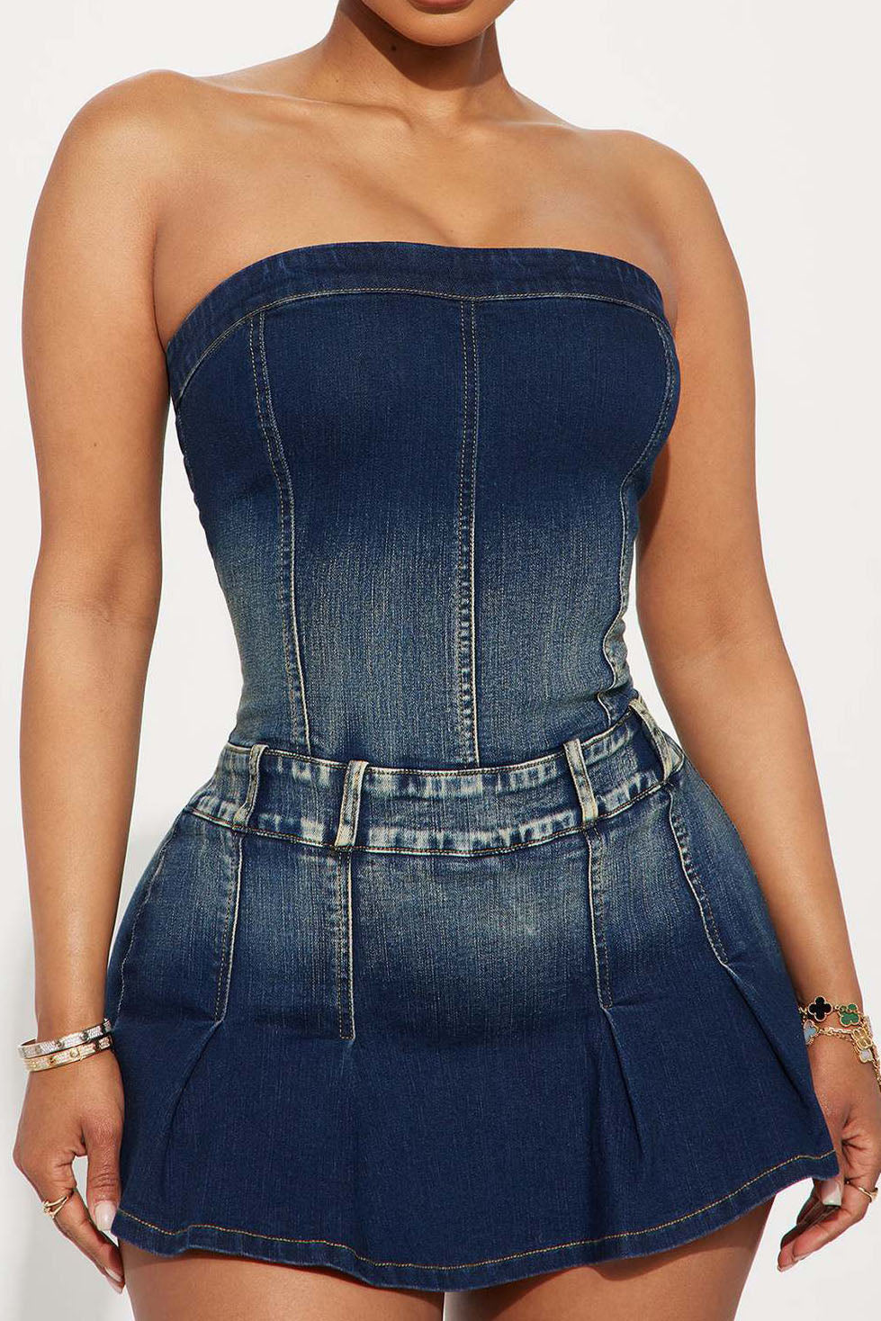 Pleated Denim Mini Dress Lavish Daily