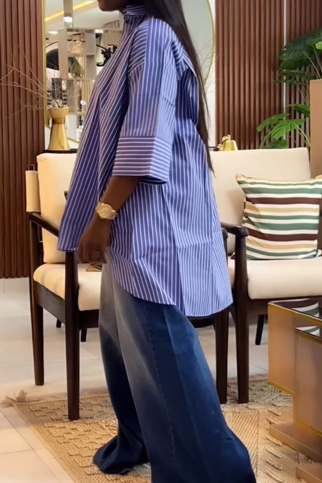 Blue Striped Loose Fit Long Sleeve Shirt Lavish Daily