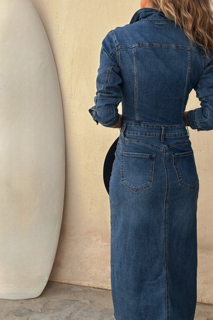 Tailored Denim Pencil Midi Dress Lavish Daily