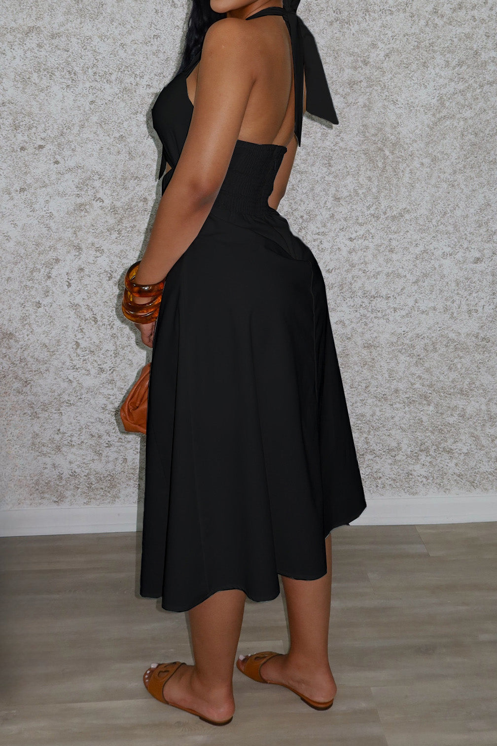 Solid Ruched Halter Dress with Knot Detail Lavish Daily