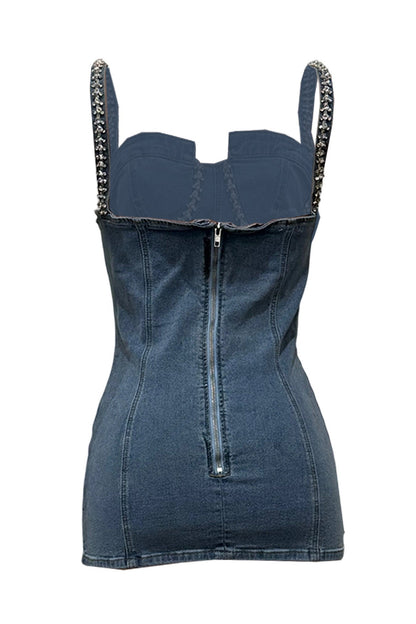 Rhinestone Trim Denim Bustier Mini Dress Lavish Daily