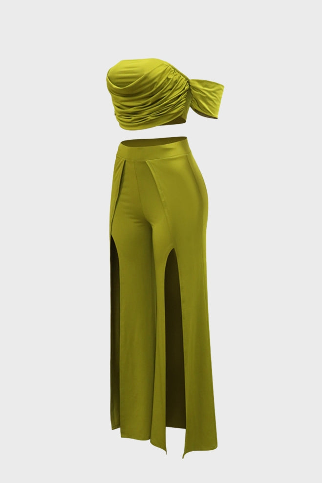 Strapless Top Slit Wide Leg Pant Sets Lavish Daily