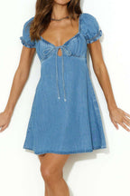 Lace-Up Hollow Out Puff Sleeve Denim Dress Lavish Daily