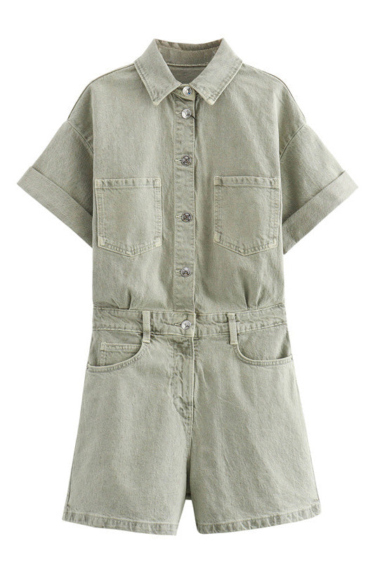 Denim Short Sleeve Romper with Pockets Lavish Daily