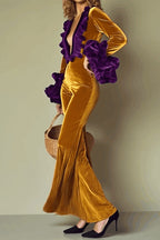 Velvet Contrast Stitch V Neck Jumpsuit LavishDaily