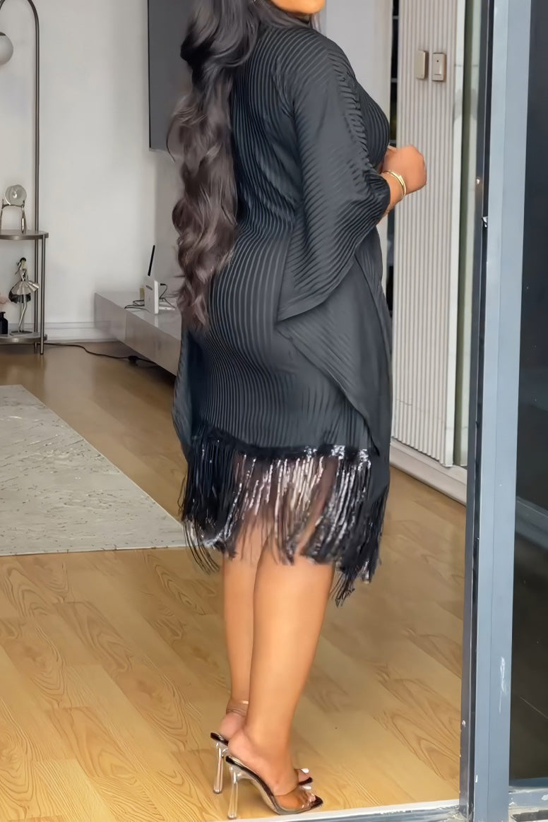 Sequin Fringe Batwing Sleeve Bodycon Dress Lavish Daily