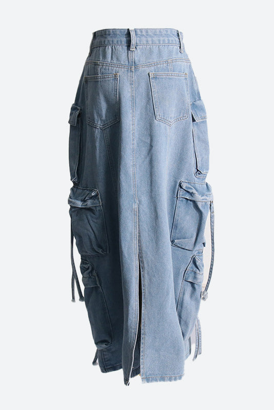 Blue Pocket Denim Midi Skirt Lavish Daily