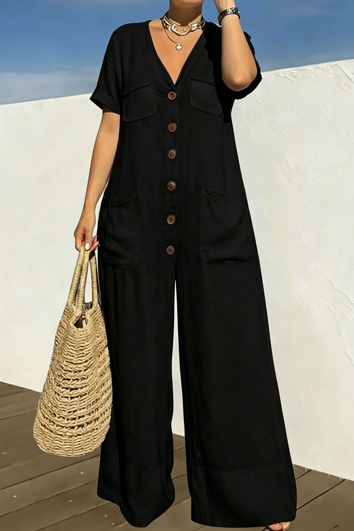 Plus Size Relaxed Button-Front Wide Leg Jumpsuit Lavish Daily