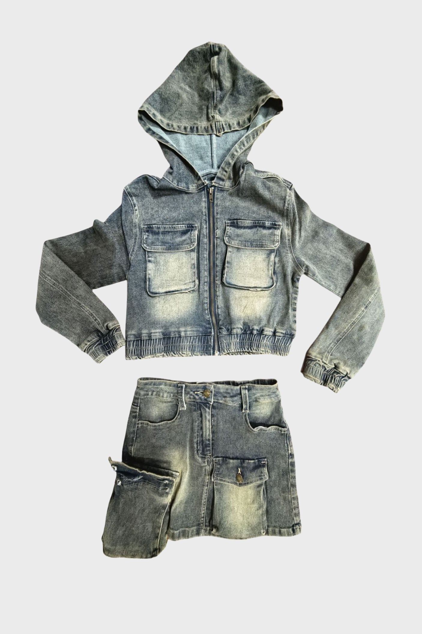 Stretch Denim Hooded Skirt Suit Lavish Daily