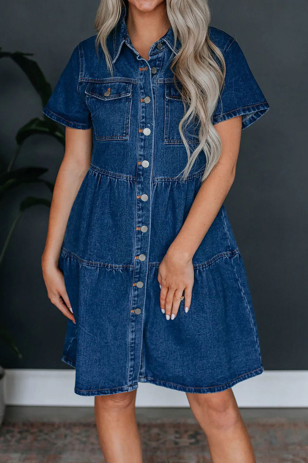 Short Sleeve Button-Up Denim Dress with Pockets Lavish Daily