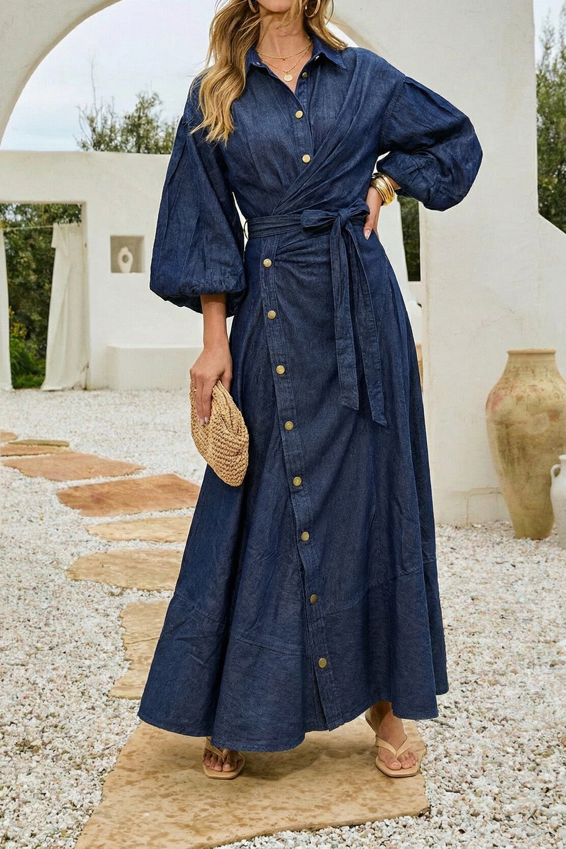 Ruched Asymmetric Button Denim Maxi Lavish Daily