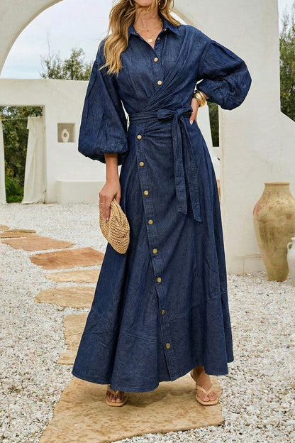Ruched Asymmetric Button Denim Maxi Lavish Daily