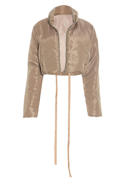 Solid Zip-Up Fitted Cotton Puffer Jacket Lavish Daily