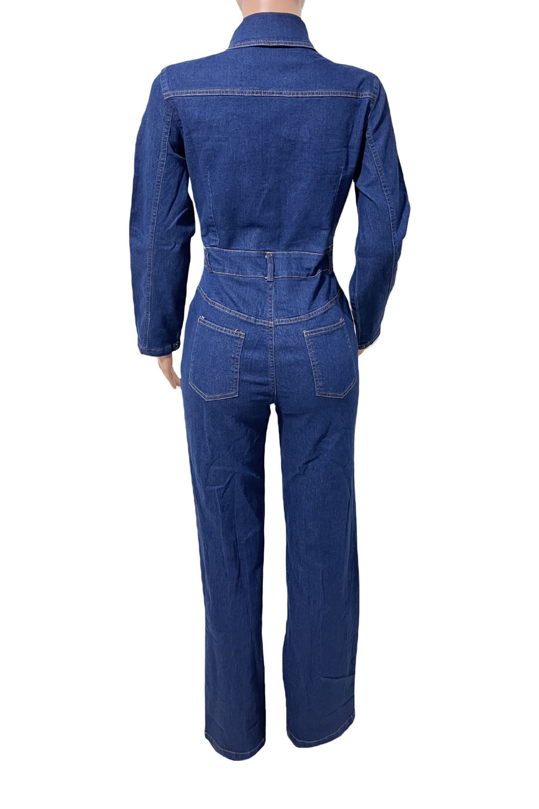 Stretch Flare Leg Long Sleeve Denim Jumpsuit Lavish Daily