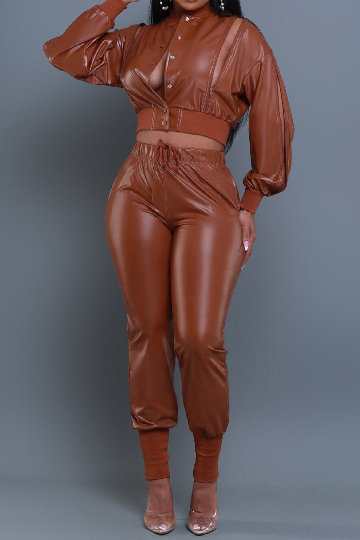 2-Piece Cutout Faux-Leather Bomber & Jogger Set Lavish Daily