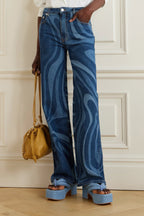 Wave Print Straight Leg Denim Jeans Lavish Daily