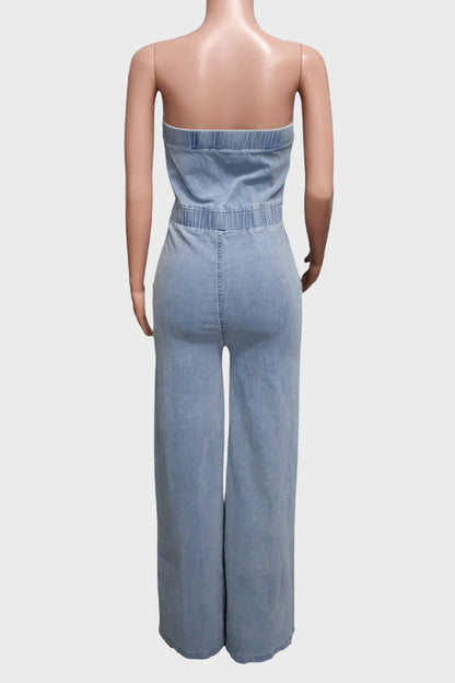 Denim Button Strapless Jumpsuit Lavish Daily