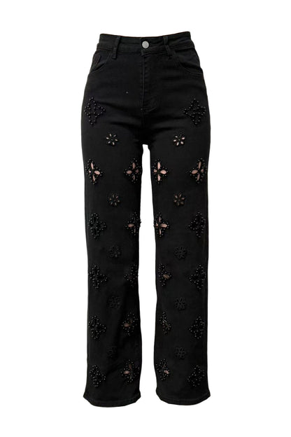 Pearl Embellished Floral Cutout Jeans Lavish Daily