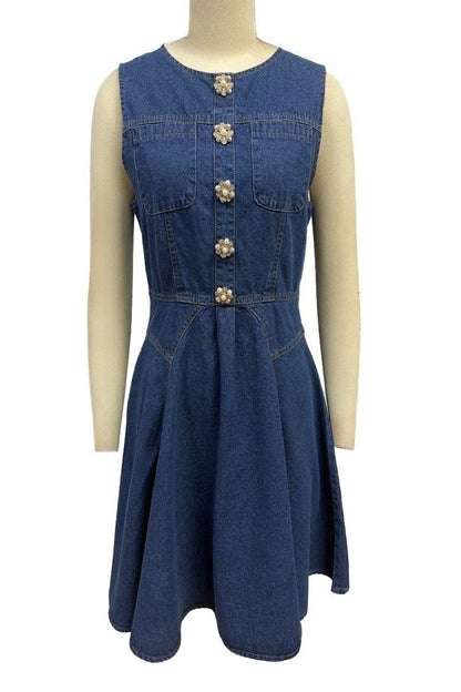 Decorative Jeweled Button Denim Mini Dress Lavish Daily