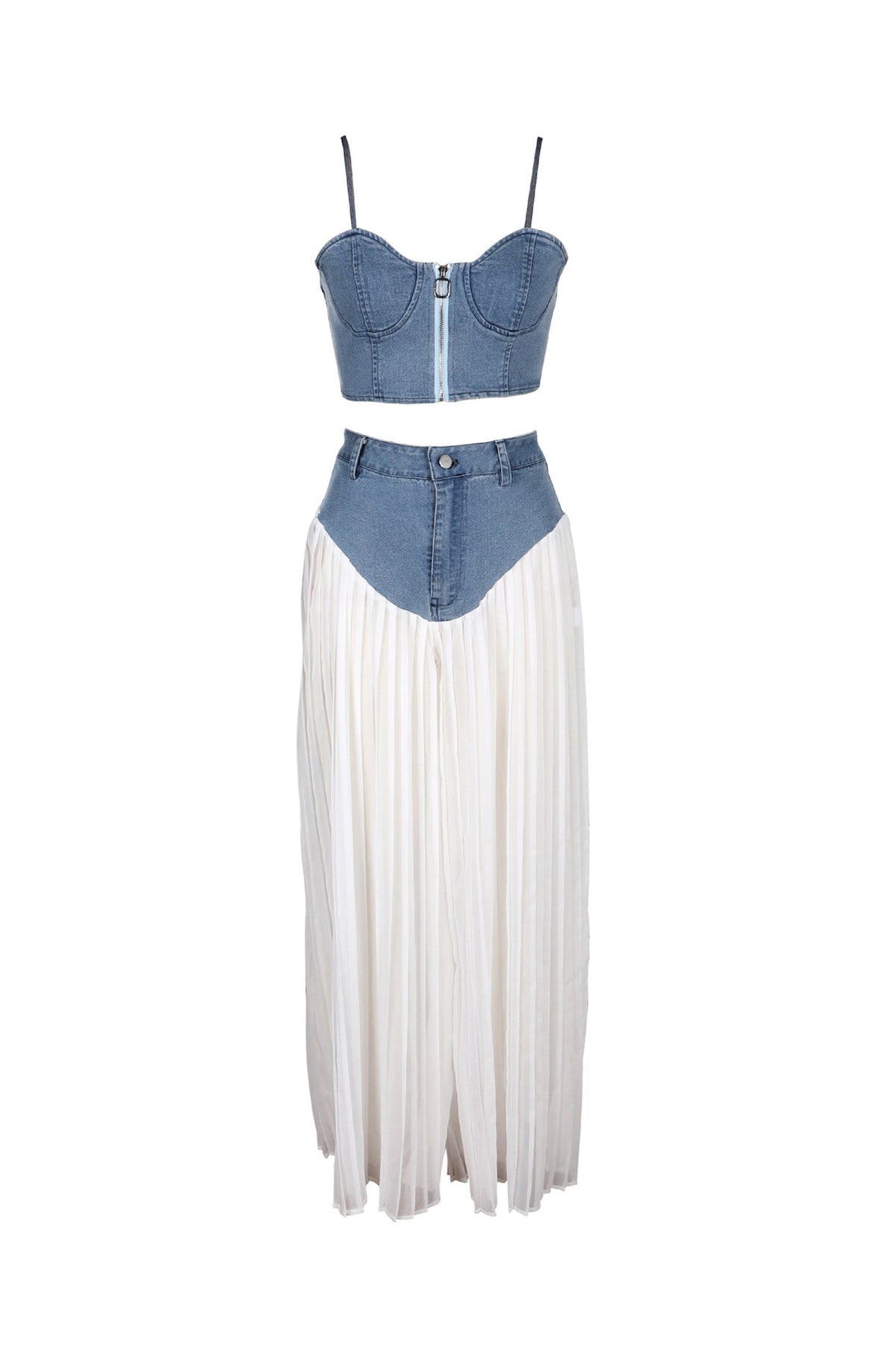 Denim Corset & Pleated Chiffon Pants Set Lavish Daily