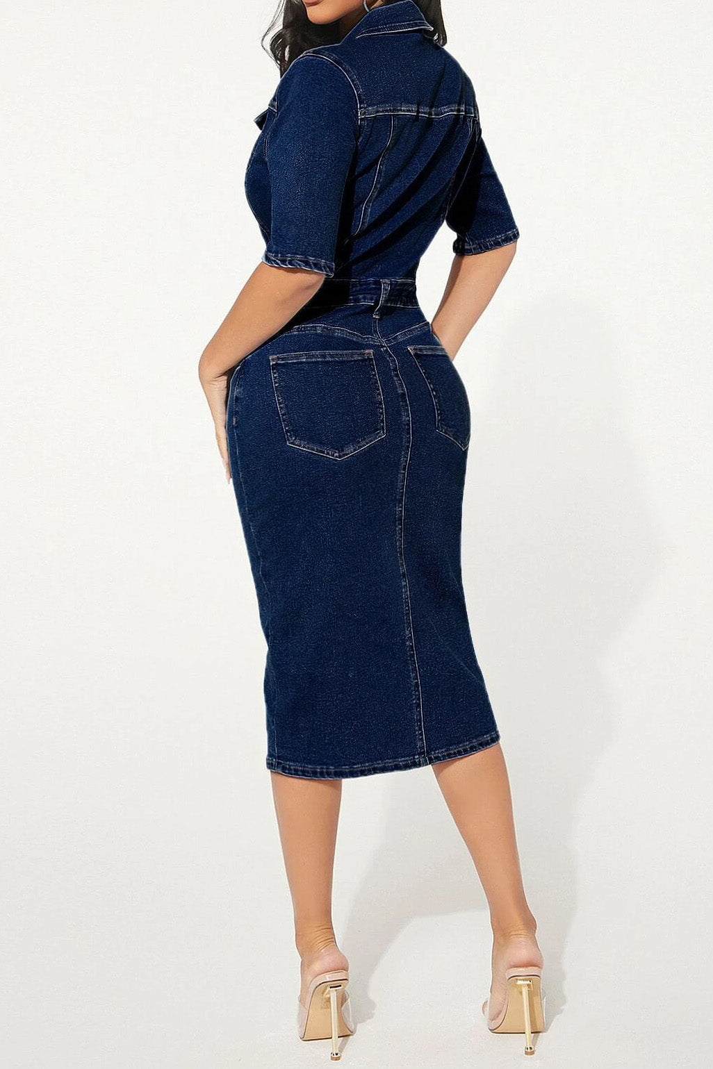 Stretch Buttoned Denim Bodycon Midi Dress Lavish Daily