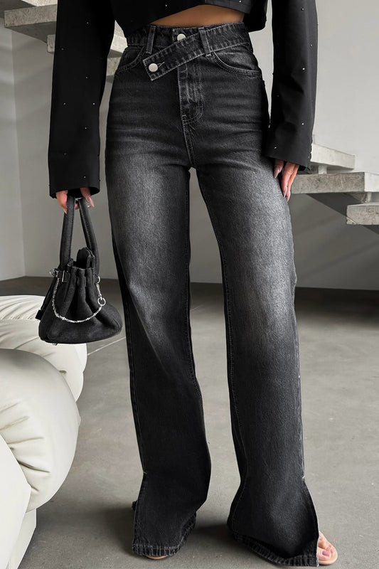 Asymmetric Cross-Waist Slit Hem Straight Jeans Lavish Daily