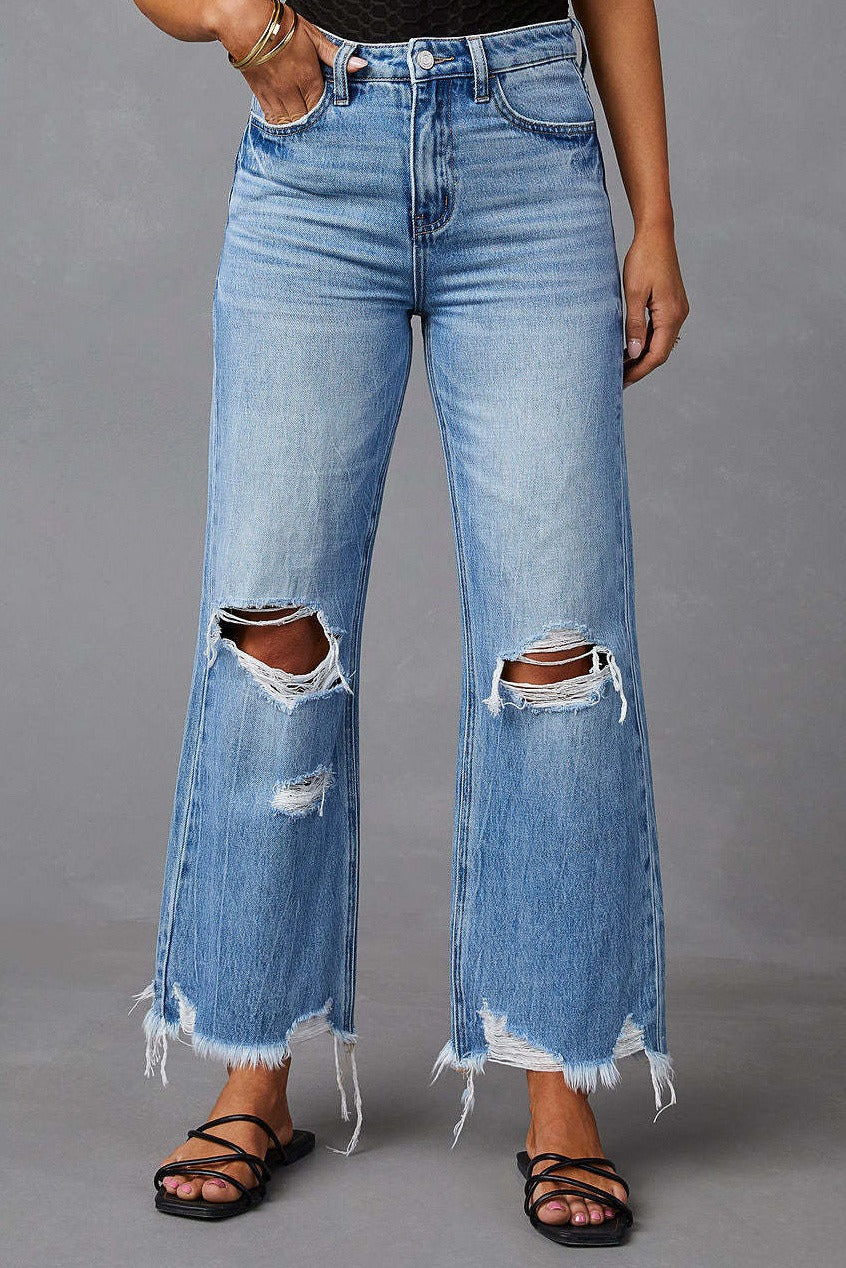High Waist Distressed Raw Hem Cropped Jeans LavishDaily