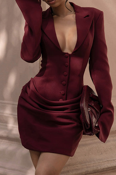Deep V Button Front Blazer Dress Lavish Daily