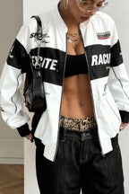 Letter Print Zip Up Moto Jacket Lavish Daily