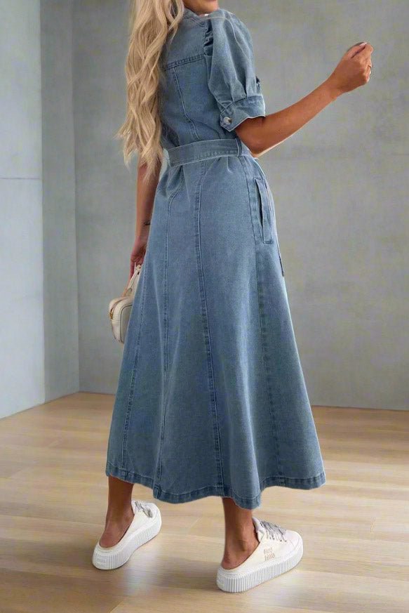 Button Front Belted Denim Midi Dress Lavish Daily