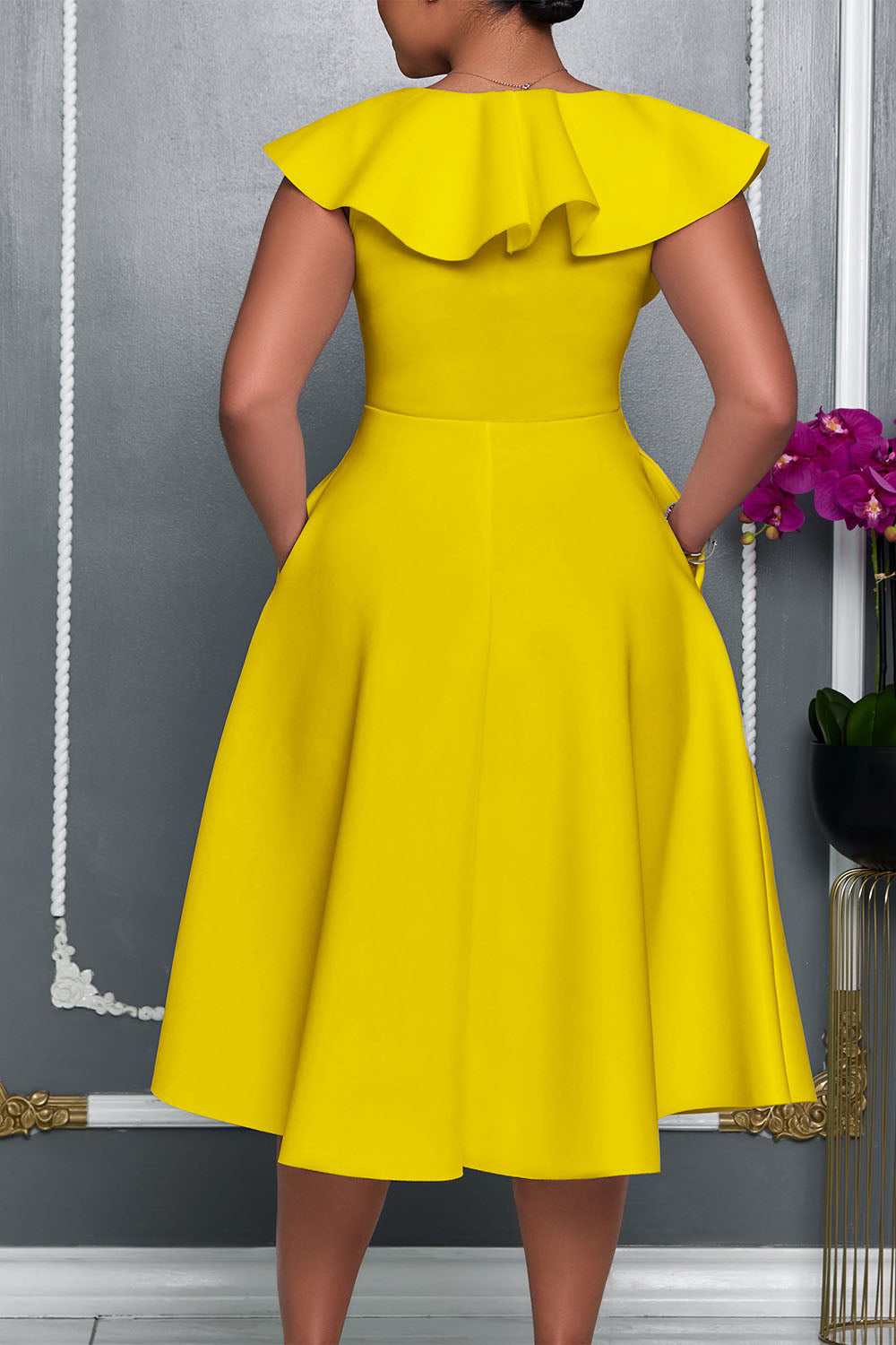 V-Neck Ruffled 3D Flower Detail Flare Midi Dress Lavish Daily