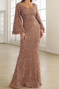 V-Neck Sequin Fitted Long Sleeve Gown Lavish Daily