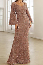 V-Neck Sequin Fitted Long Sleeve Gown Lavish Daily