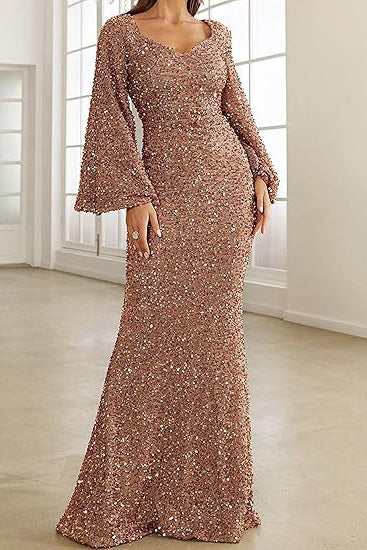 V-Neck Sequin Fitted Long Sleeve Gown Lavish Daily