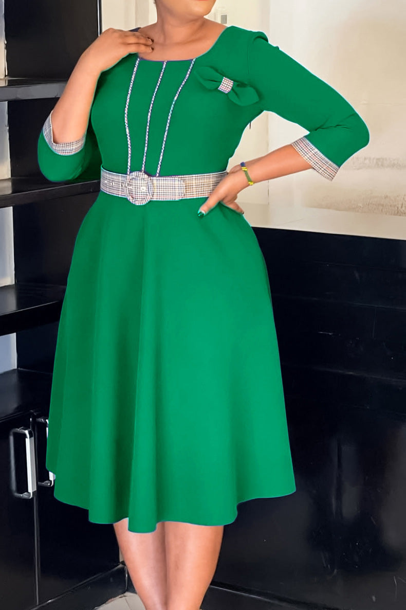 Elegant Round Neck Patchwork Midi Dress Lavish Daily