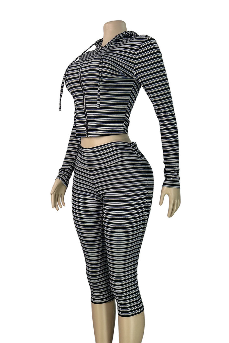 Striped Zip Hoodie & Foldover Capri Pants Set Lavish Daily