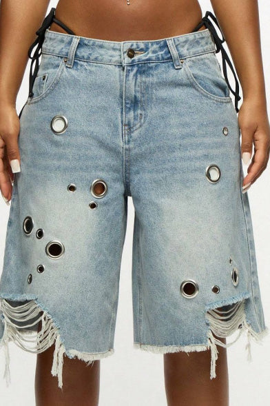 Oversized Grommet Distressed Long Shorts Lavish Daily