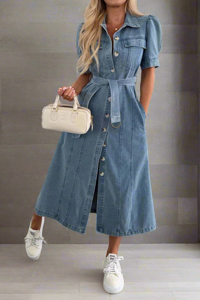Button Front Belted Denim Midi Dress Lavish Daily