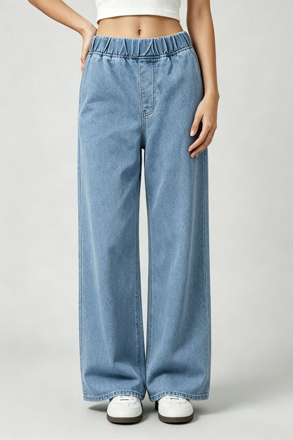 Elastic Waist Non-Stretch Wide Leg Jeans Lavish Daily