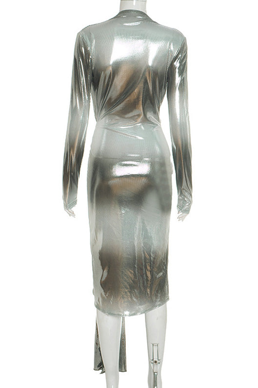 Deep V-Neck Ruched Long Sleeve Maxi Dress Lavish Daily