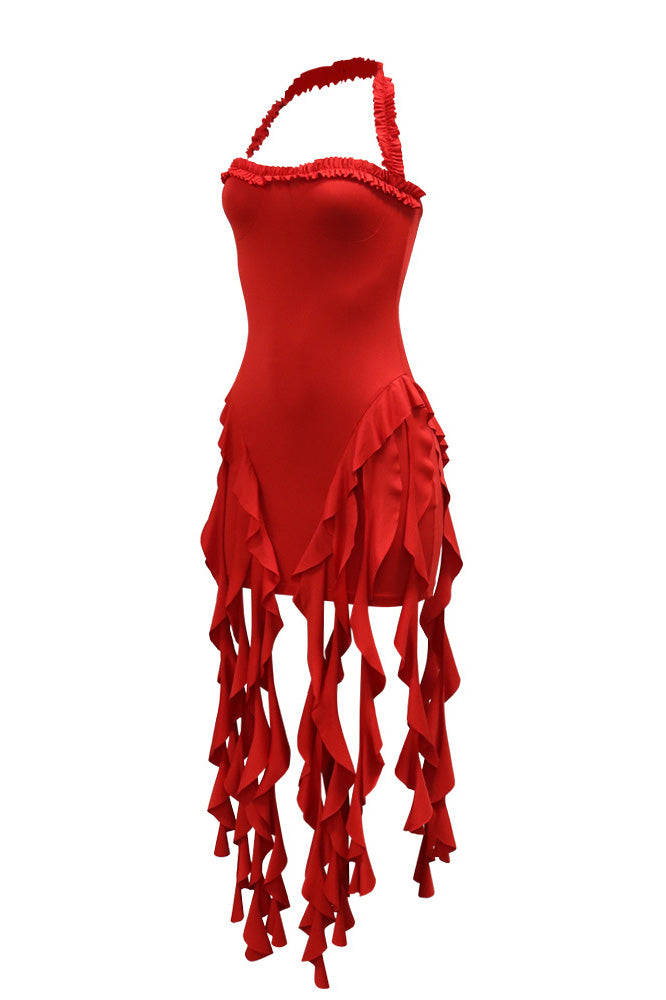 Ruffle Trim Halter Backless Fringe Dress Lavish Daily