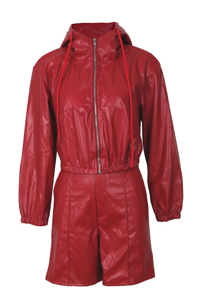 Faux Leather Hooded & Shorts Set Lavish Daily