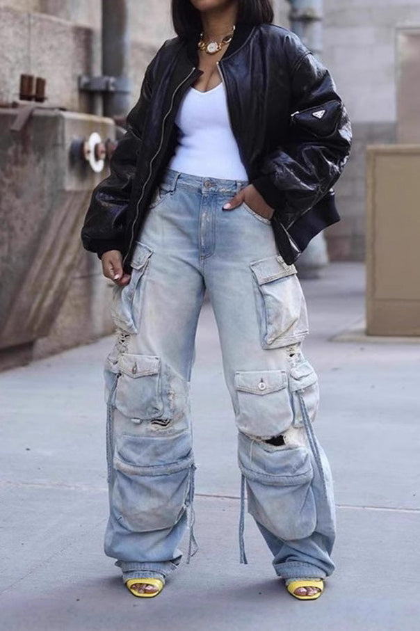Distressed Cargo Jeans with Multi Pockets Lavish Daily