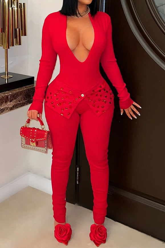 V-Neck Rhinestone Jumpsuit Lavish Daily