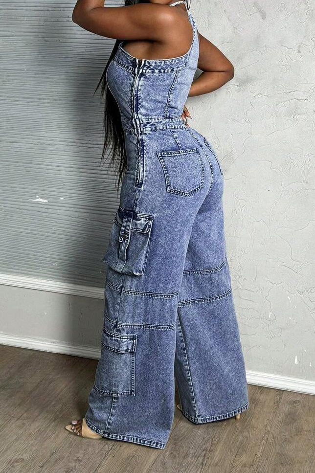 One Shoulder Stretch Denim Jumpsuit Lavish Daily